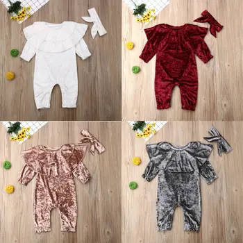 

Newborn Baby Velvet Clothes Toddler Boy Girl Long Sleeve Rompers Ruffle Jumpsuit Casual Playsuit Headband 2PCS Outfit Set 0-24M