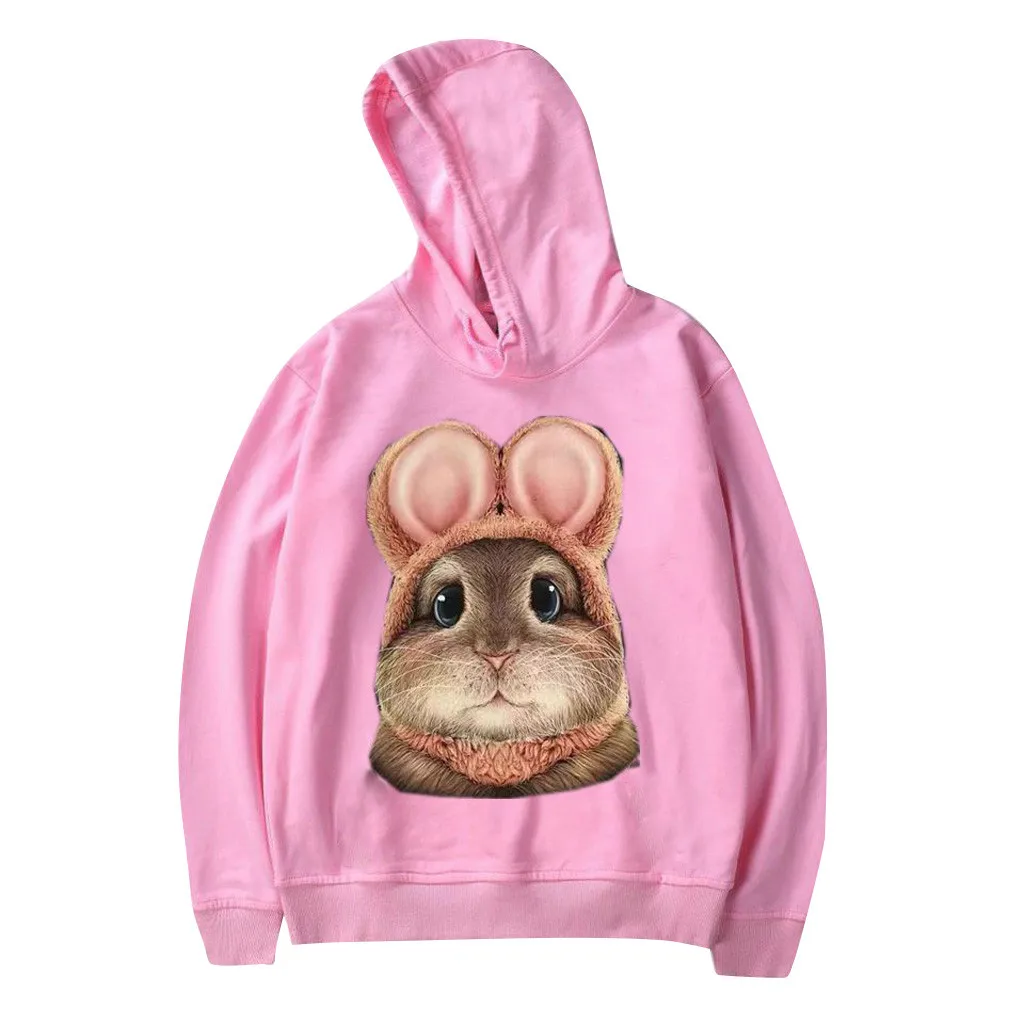 Harajuku женские толстовки Толстовка Kawaii розовый Зимний кролик узор с длинным рукавом толстовки с капюшоном свободные Hooed Mujer q0827
