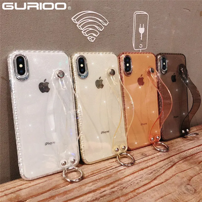 

Glitter Powder Hand Band Holder Phone Case For iPhone 7 X XR XS Max Clear Soft Cover For iPhone 6 6S 7 8 Plus Wrist Strap Cases