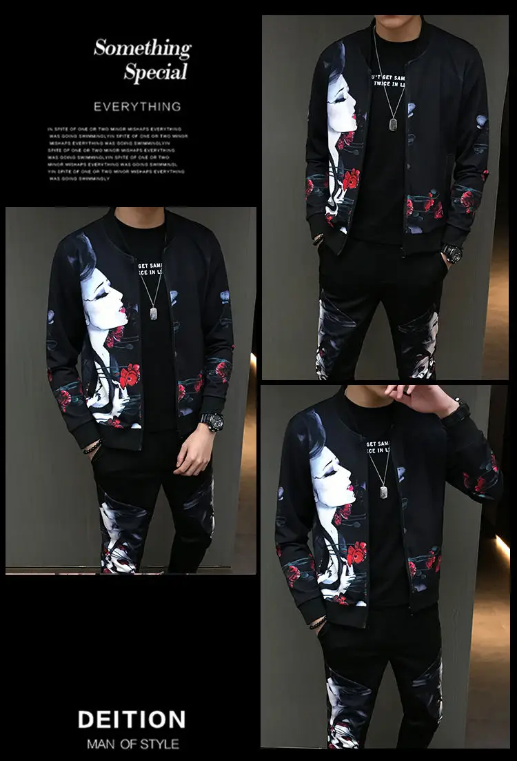 Society Trend Slim Fit Mens Set Coat Zipper Autumn Sportswear Print Casual Tracksuit Man Sweatshirt Man Jacket Plus Velvet