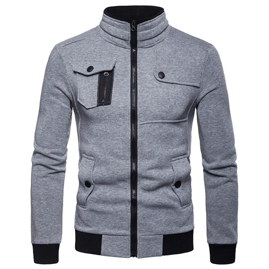 

Cardigan Mens Sweatshirts Stand Collar Spring Autumn Long Sleeve Slim Solid Color Sweatshirt with Pockets 2021 New Arrival