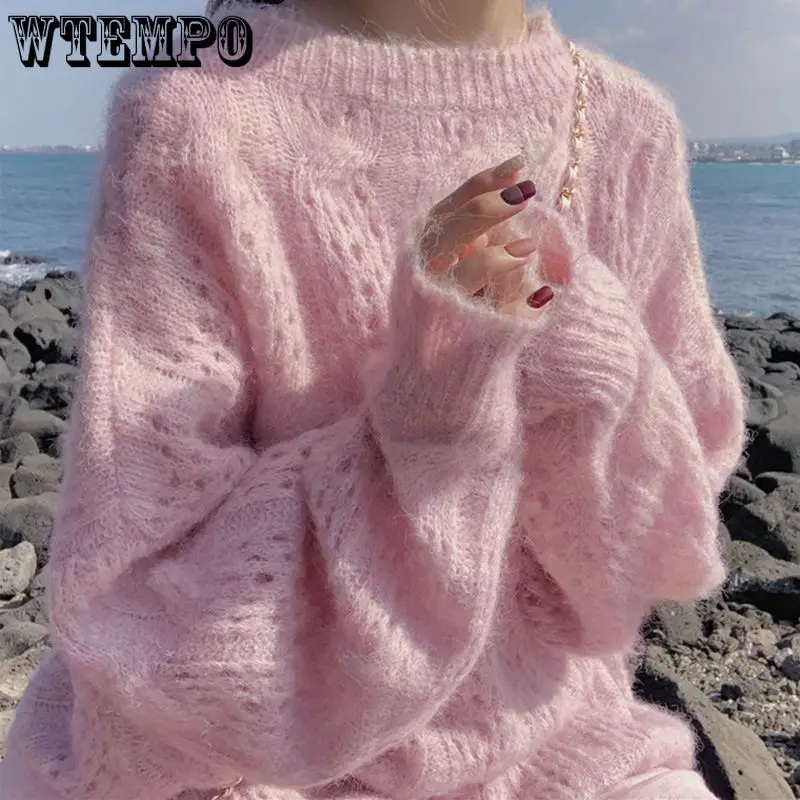 Pink Hollow Pullover Sweater Women\'s Spring Outer Wear Loose Loose Lazy Style Sweet Thin Knit Sweater Autumn