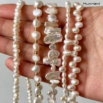 

HUANZHI 2020 Natural Irregular Freshwater Pearl Necklace Baroque Pearl Clavicle Chain Beads Necklace for Women Jewelry
