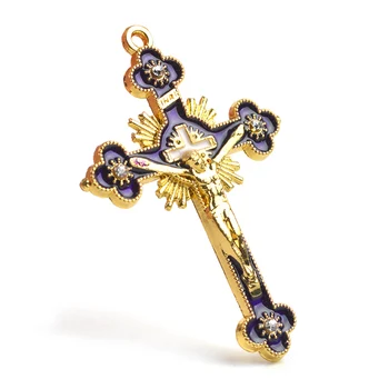 

Purple Golden Alloy Church Crucifix 70x50mm Jesus Religious Catholic Cross Pendant 12pcs
