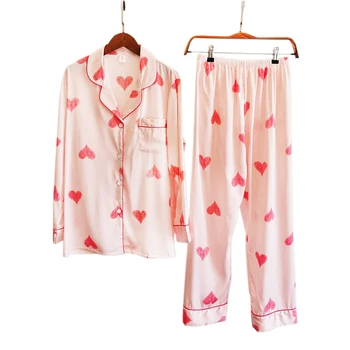 

Sweet satins ice silk women pajamas sets Korea elegance long sleeve trousers sleepwear women pyjamas