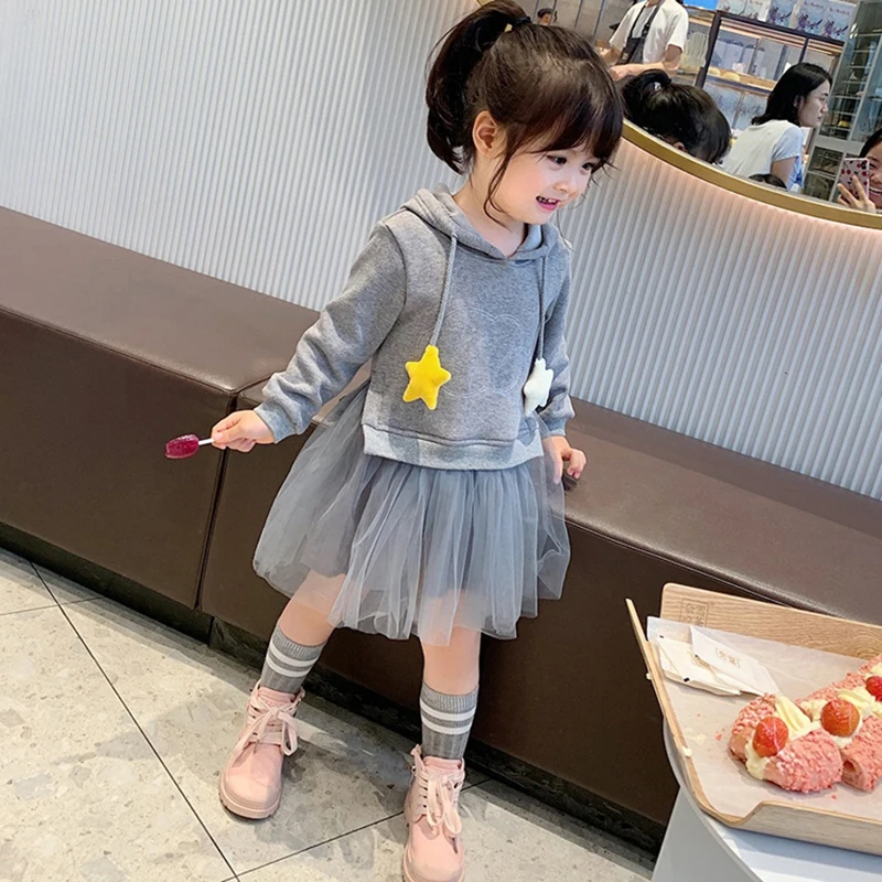Детские платья с оборками для девочек; весенне-осеннее Хлопковое платье с имитацией двух предметов, со звездами, на завязках; Сетчатое праздничное платье принцессы; детская одежда
