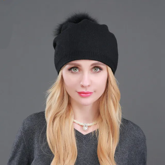 High Quality Women Dual layer Wool Knitted hats with big Real Fur Pompoms Warm Slouchy beanies hat ladies Fashion Skullies - Цвет: black pom