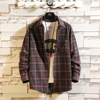 

Spring Mens Shirts Vintage Plaid Shirt Turn-Down Collar Black Red M-3XL Men Shirt Long Sleeve