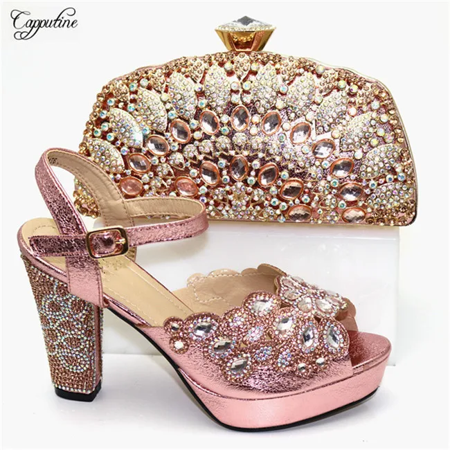 

Beautiful peach with crystal stones evening shoes with clutch handbag set for wedding/party CR178, heel height 11.5cm