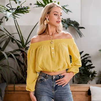 

Simplee Vintage yellow solid women blouse shirt Off shoulder crops tops and blouse Sexy summer holiday long sleeve shirts top