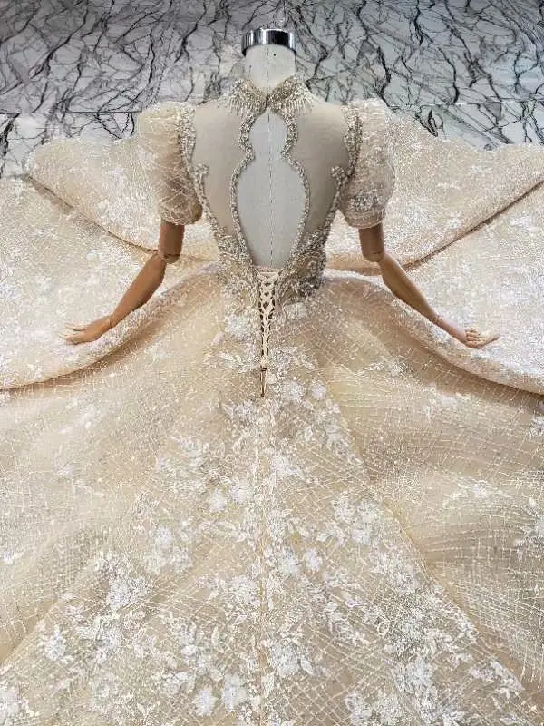 BacklakeGirls Модное бальное платье цвета шампанского с пышными рукавами, свадебные платья, атласное платье невесты с вырезом на спине и бисером, Robe De Mariee