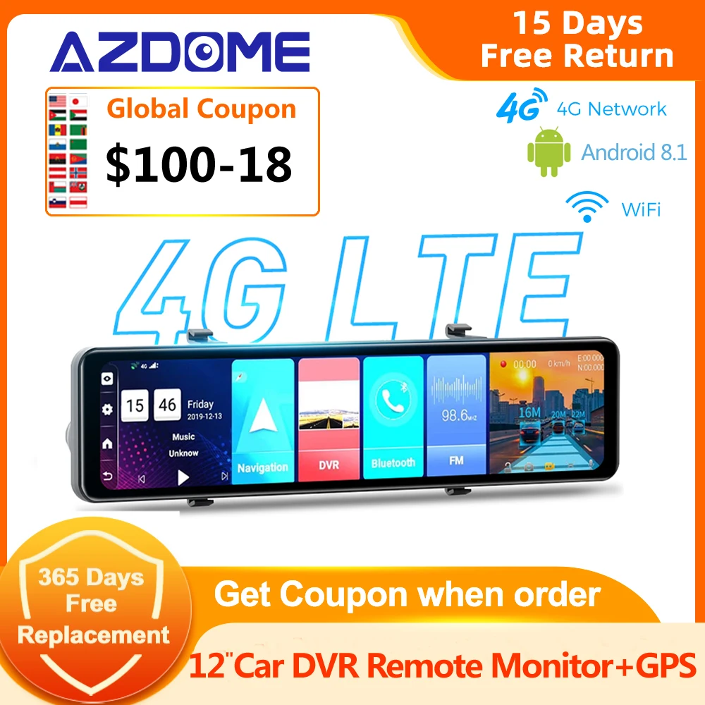 Видеорегистратор AZDOME на Android 4G 12 дюймов сенсорный экран WiFi 1080P | Автомобили и