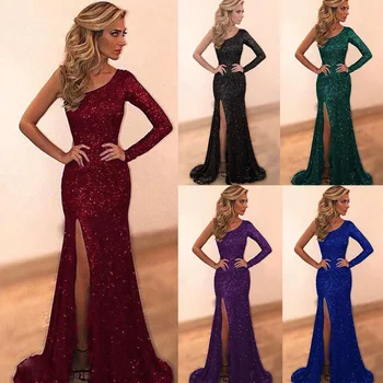 

One Shoulder Evening Dresses Elegant Glamorous Split Sequin Ball Gown Women Long Party Gowns Robe Soiree Sexy 2020