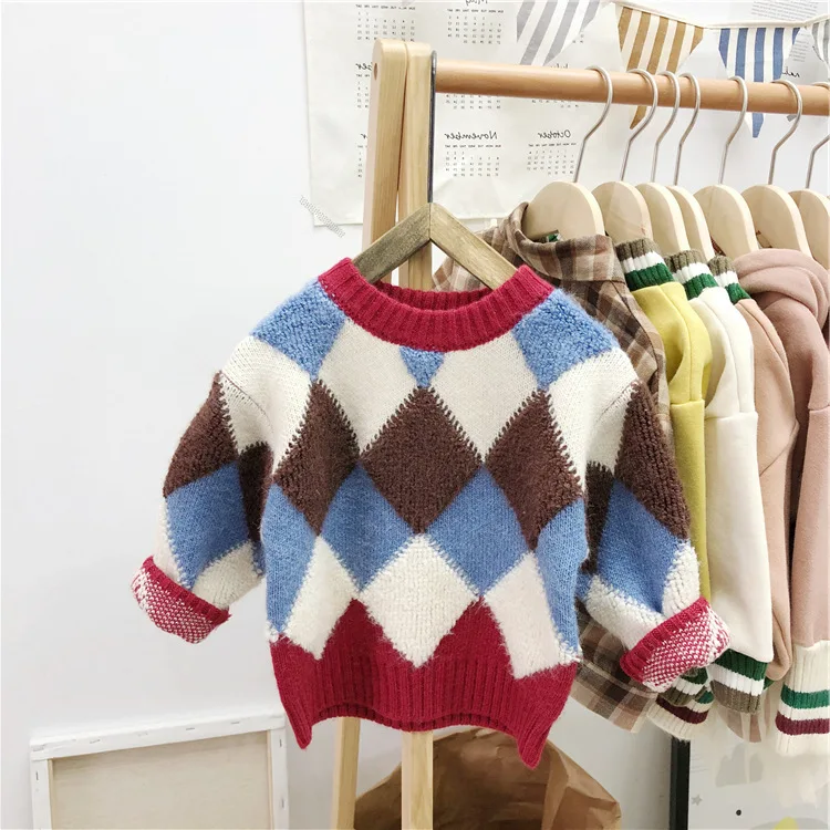 Красный Children's round neck color matching sweater autumn and winter new girls baby pullover sweater - Цвет: Красный