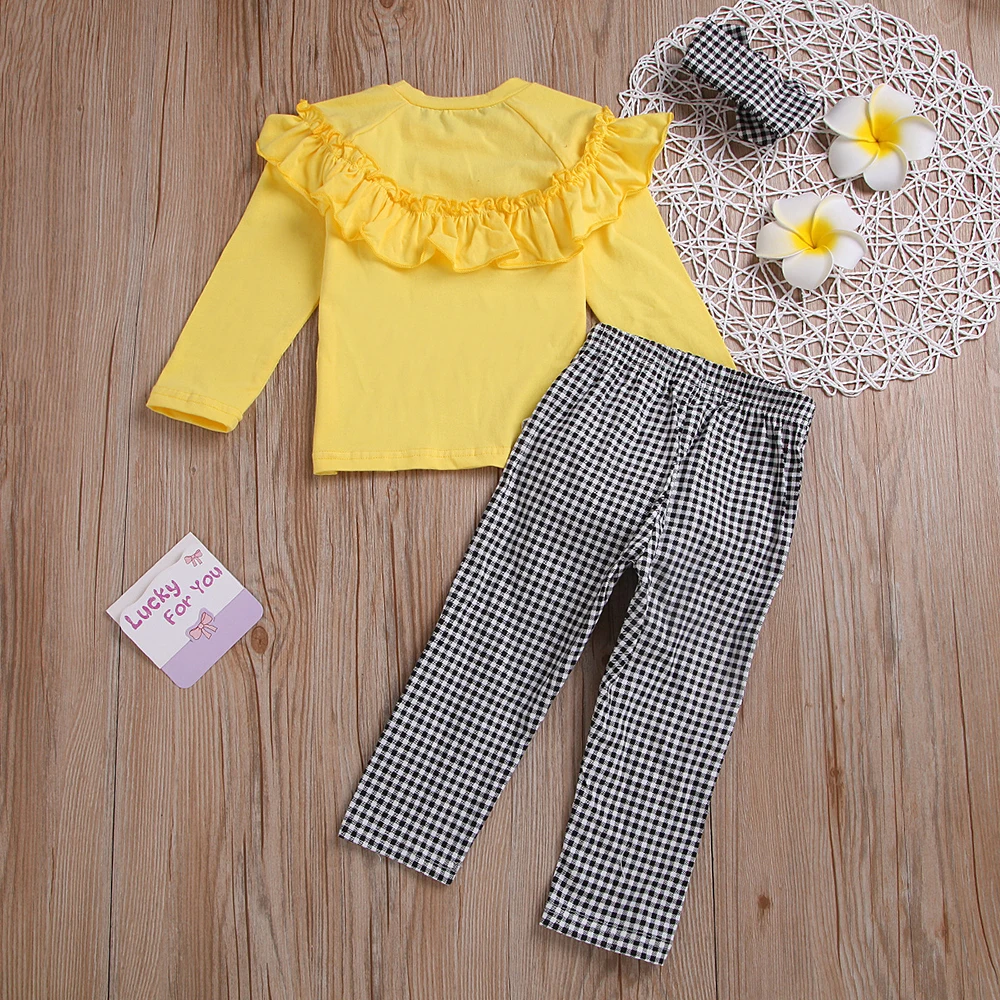 Najtaniej On Hello cieszyć dziewczyny ubrania zestawy T koszula + spodnie w kratę + z pałąkiem na głowę księżniczka zestawy Infantil odzież dla dzieci moda projekt 2019 jesień