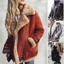 Женское пальто, толстовка, Женская куртка, Женская замшевая куртка с отворотом и кожаной пряжкой, крутая куртка пилота, искусственная овечья шерсть, мотоциклетная куртка