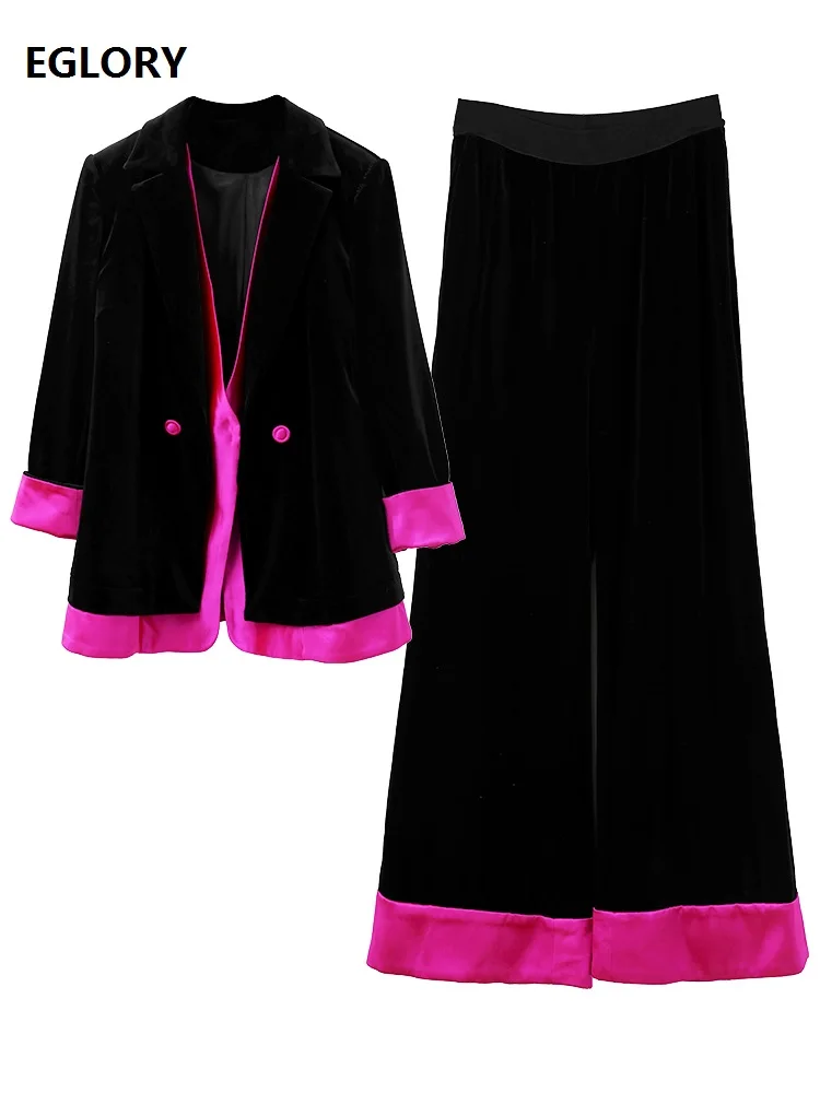 

High Quality Brand New Blazer Sets 2020 Fall Winter Women Color Block Patchwork Long Sleeve Blazer Jackets+Long Velvet Pant Set
