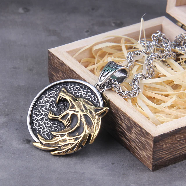 the Wizard wolf head pendant necklace for Geralt with a The Wild Hunt 3 Figure TV as photo show