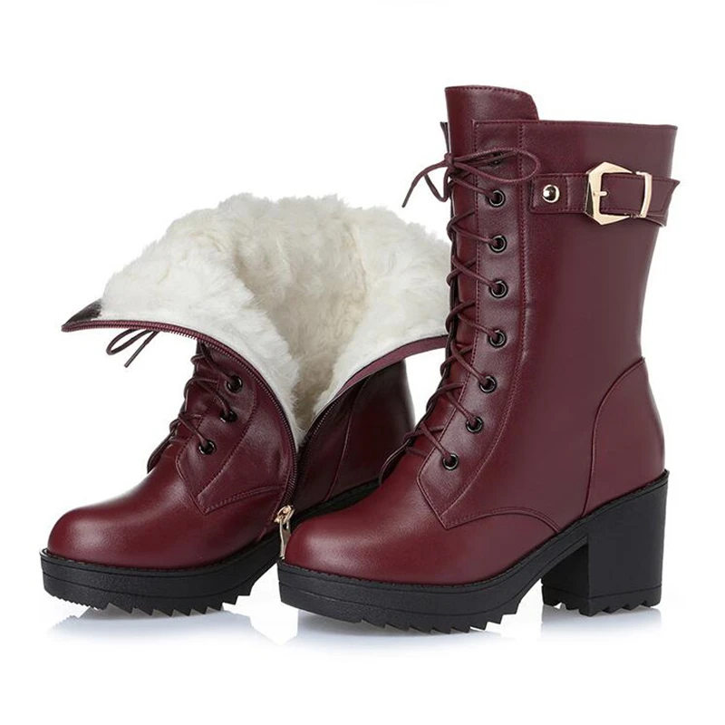 Women Winter Boots High-Heeled Female Genuine-Leather Wool K25 Warm Thick