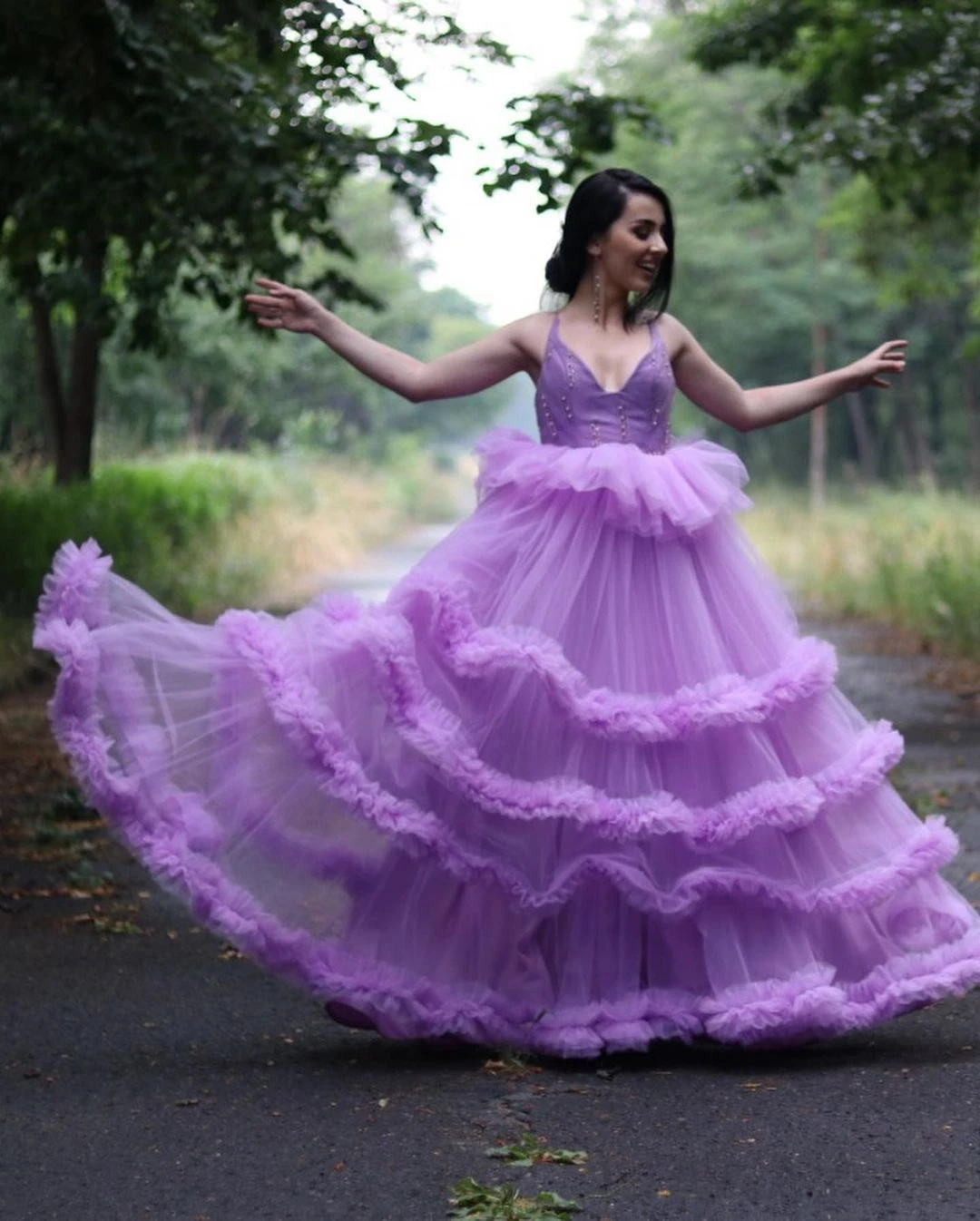 Purple V-Neck Tulle Dress Beaded Floor Length Prom Dress Layered Puffy Ball  Gown Dress Open Back Evening Dress For Photoshoot - AliExpress