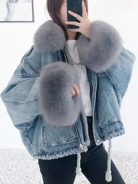 Серый Женская джинсовая куртка из лисьего меха женская уличная короткая хлопковая джинсовая куртка женская теплая куртка Femme - Цвет: Серый