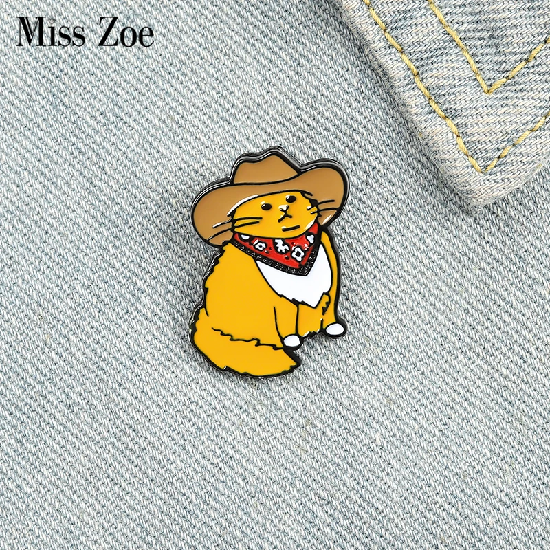 Cowboy Cats Enamel Pin Custom Funny Animal Hat Brooches Shirt Lapel Bag Cute Badge Cartoon