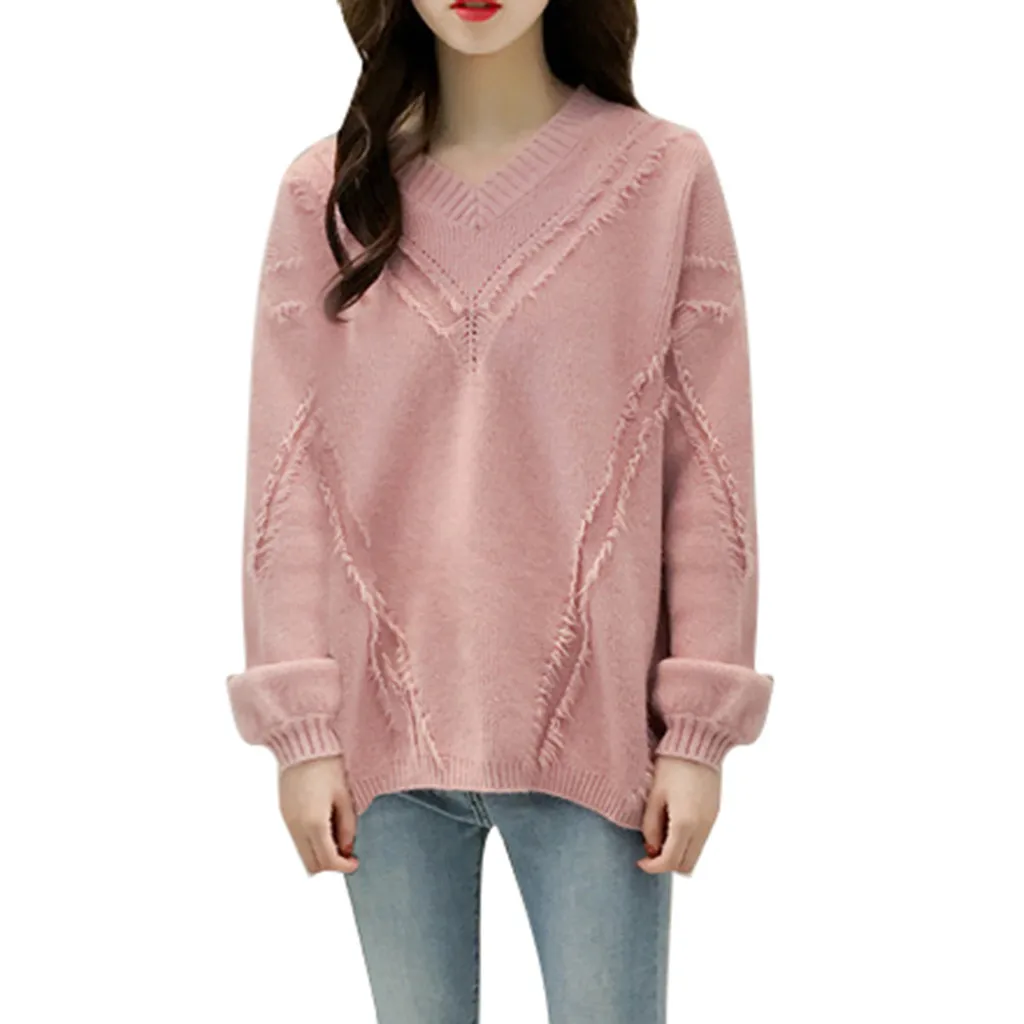 Women Sweaters Simple Autumn Winter Sweater Women Solid Pullover V-Neck Knitting Tassel Basic Tops Long Sleeve Sweater Pullovers