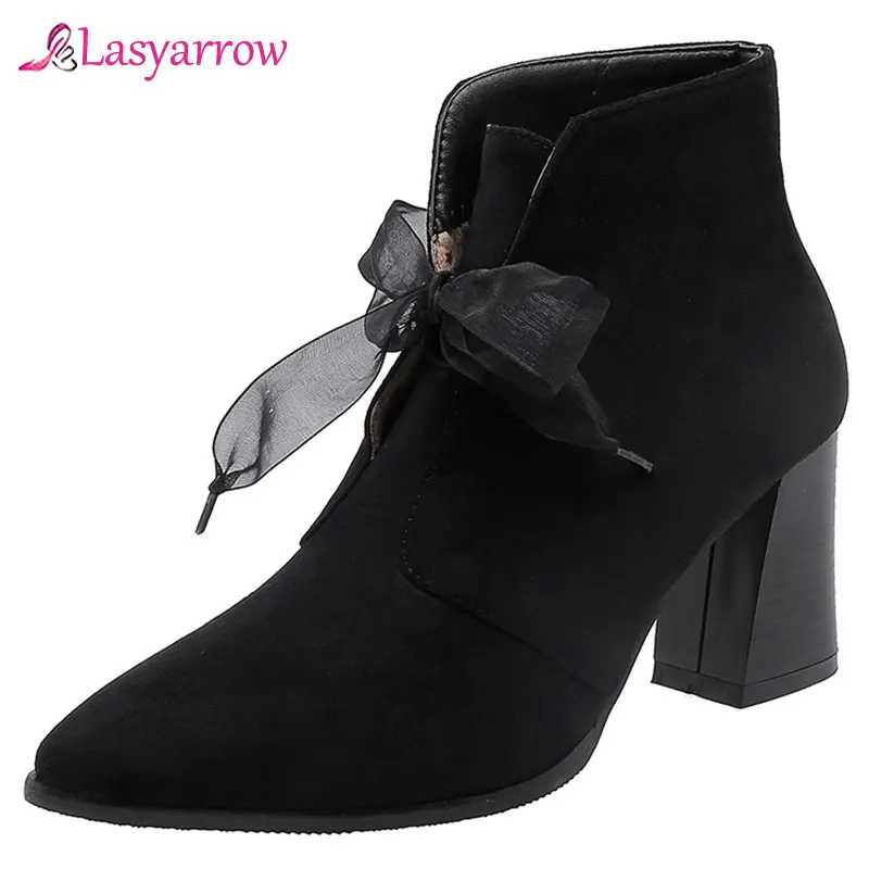 

Lasyarrow 2019 Fashion Womens Boots Ankle Winter Autumn Ladies High Hoof Heels Lace Up Riband Black Bootie Woman Footwear J1057