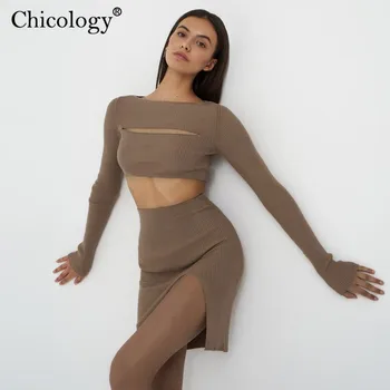 

Chicology split knit 2 two piece matching long sleeve crop top skirt sexy 2020 fall club outfits women winter clothes streetwear