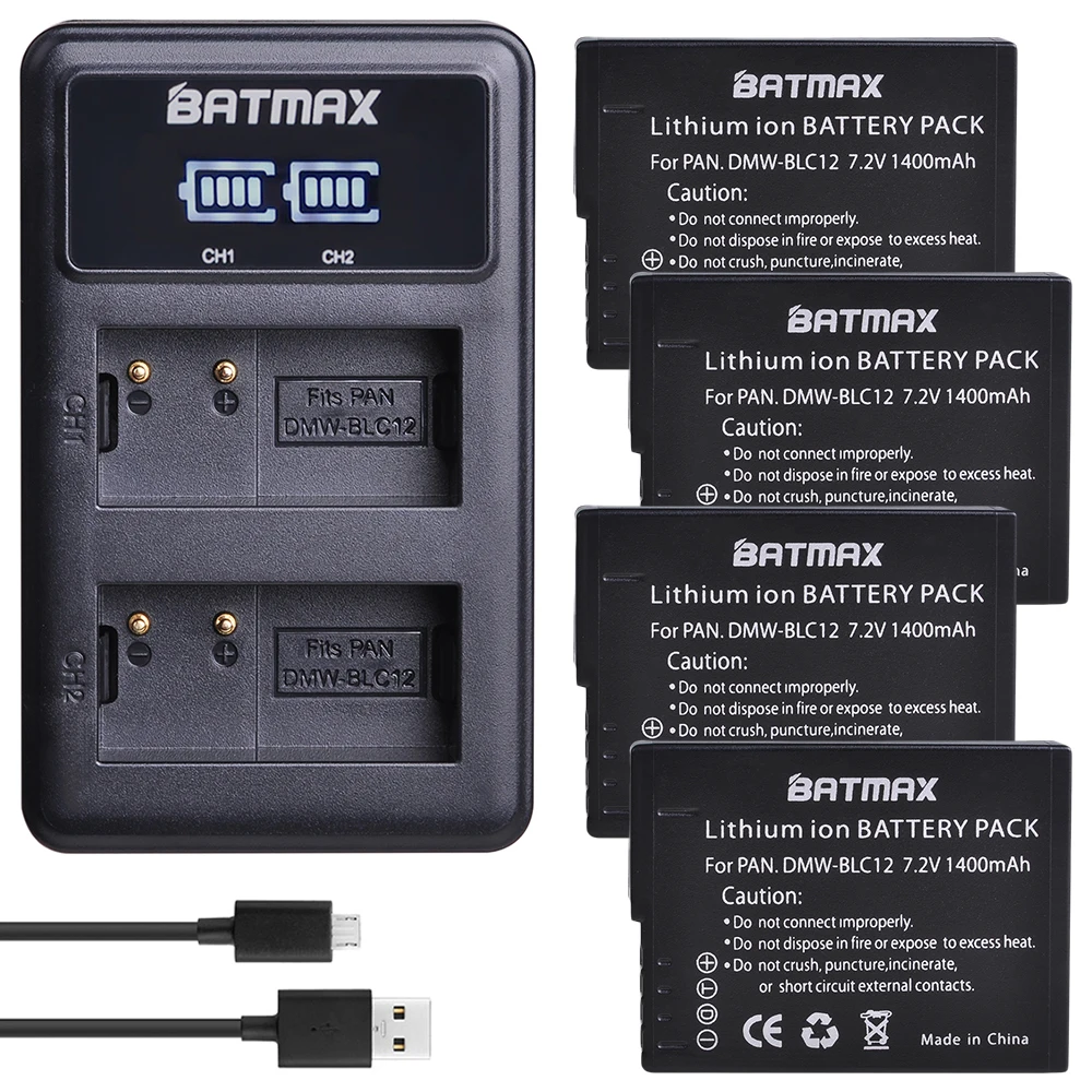 

Batmax 4Pc DMW-BLC12 DMW-BLC12E BLC12PP battery+LED USB Dual Charger for Panasonic Lumix FZ1000,FZ200,FZ300,G5,G6,G7,GH2,DMC-GX8