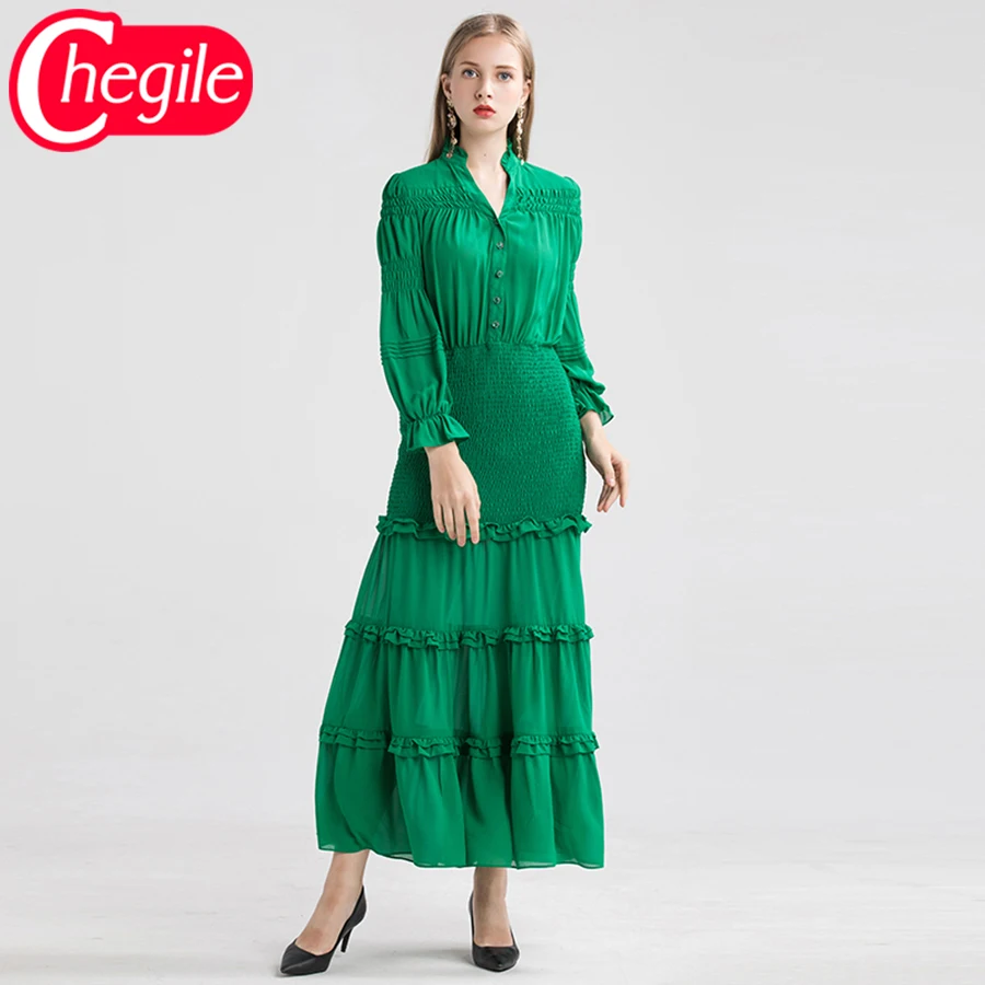 Ранняя осень женские длинные платья 2019 модные рукава фонарики зеленое