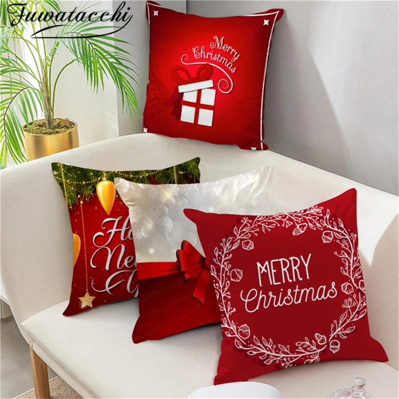 

Fuwatacchi Merry Christmas Cushion Cover Red New Year Gift Pillows Cover Candles Printed Home Sofa Decorative Throw Pillowcase