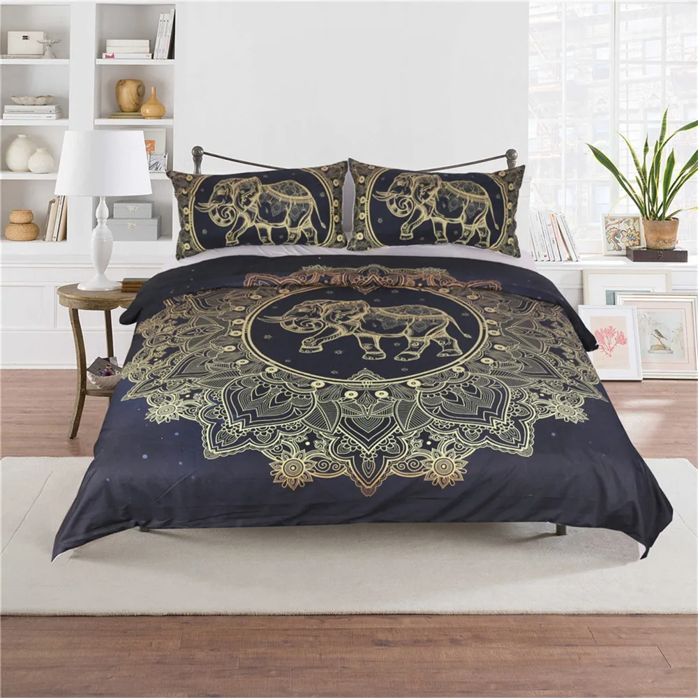 

3PCS African Tribal Elephant Bedding Set Boho Mandala Golden Flower Ethnic Indian God Ganesha Duvet Cover Indian Symbol Bed Set