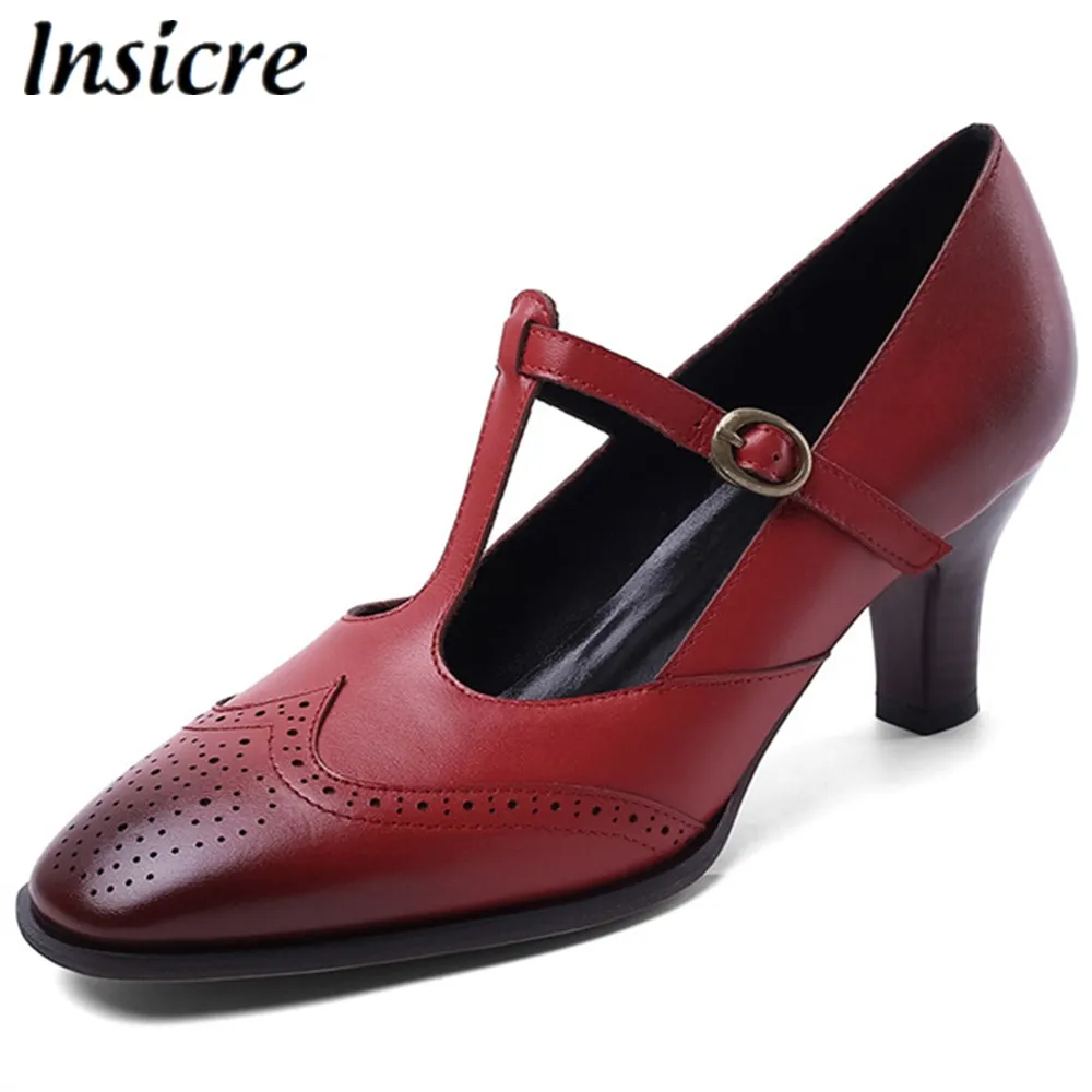 

Insicre Women Pumps Mary Janes Cow Leather High Heels 6.5 cm Buckle 2020 Spring Square Toe Real Leather Black Size 32-40