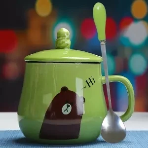 Простая керамическая чашка, Женская милая кружка в виде животного, пара студенческих чашек с крышкой, ложка, кофейная чашка, чашка для завтрака, кофейная чашка, кружка для путешествий - Цвет: 360ML set