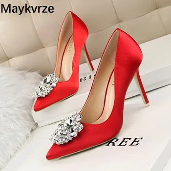 

Tide Women high heels Fashion pointed Toe diamond metal buckle Flowers Fine heel wild Sexy was thin female Pumps woman shoes