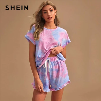 

SHEIN Multicolor Tie Dye Short Sleeve Tee and Frill Hem Shorts PJ Set Women 2020 Summer Pajamas Casual Cute Lounge Sets