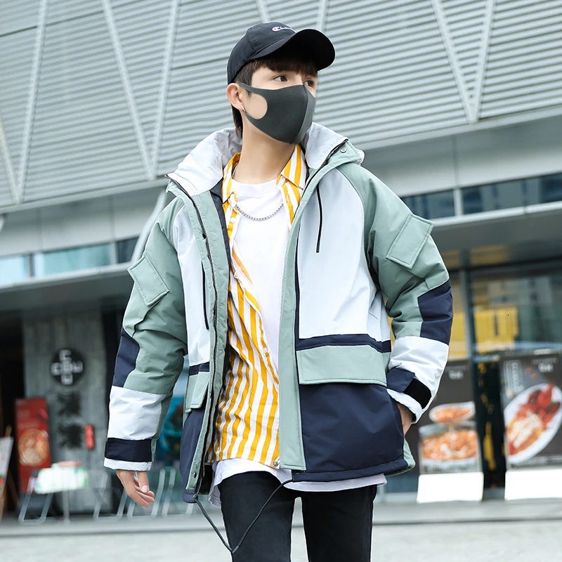 

Winter Down Jacket Men's Warmth Thick Fashion Parka Men Contrast Color Casual Hooded Coat Man Wild Loose Cotton Jacket Male