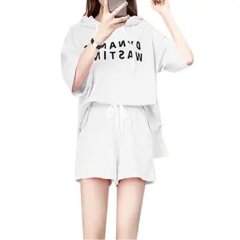 

2019 Letter Print Two-Piece Set Women Loose Simple Hooded Short-sleeved Tops + Drawstring Solid Casual Shorts Women Summer Suit