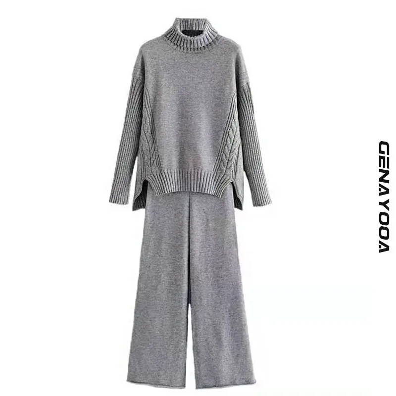 plus size sweat suits Genayooa Winter Tracksuit 2 Piece Pant Suits For Women Knitted Long Sleeve Two Piece Set Top And Pants Women Suit Outwear Korean dressy pant suits