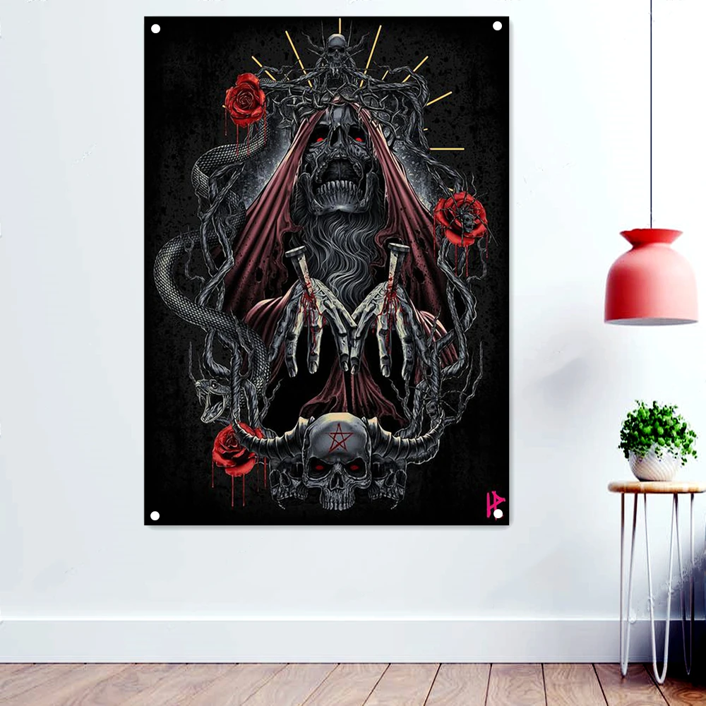 

Grim Reaper Death Art Banner Wall Hanging Metal Albums Band Wallpapers Macabre Skull Tattoos Tapestry Flags Home Decoration