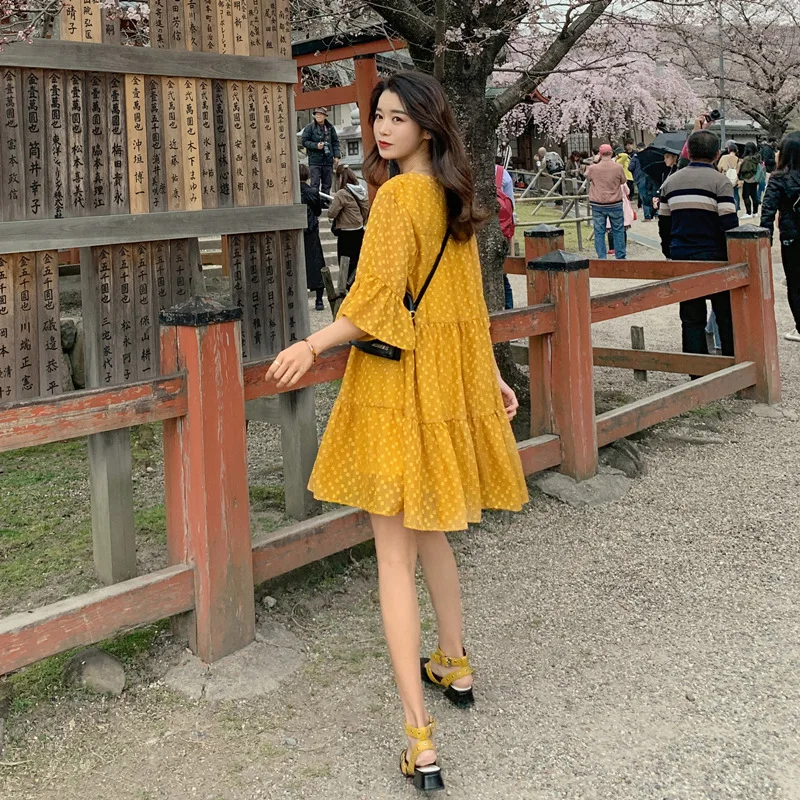 

Dress Women's Summer 2019 New Style Yellow Polka Dot Chiffon Dress Loose-Fit Slimming Students A- line Skirt GIRL'S Dress