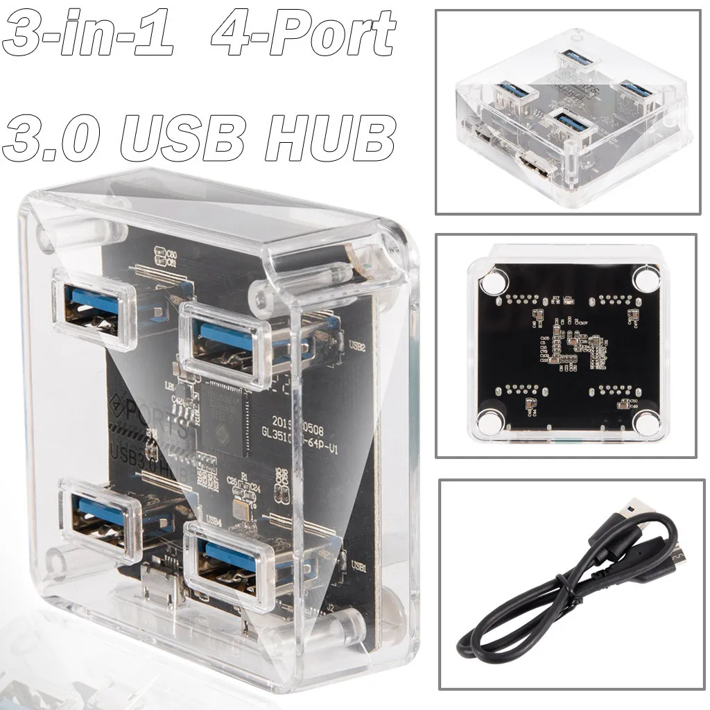 4-Port USB 3.0 HUB Slim Square Super-speed 5Gbps Multi Port Expander With USB Cable For Charging Hard Drive Data Transfer#LR4
