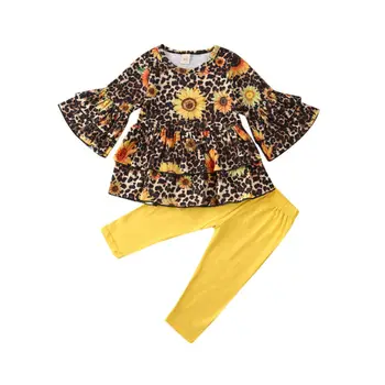 

Sunflower Toddler Kid Girls Clothing Set Ruffles Leopard T Shirt Tunic Tops + Pants Outfit Spring Flower Children Costumes