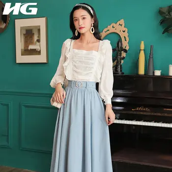 

HG Vintage Embroidery Square Collar Womens Tops and Blouses Lace Splice Pleated Women Tops Elegant White Shirt Autumn XJ2452