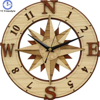 

Retro Wooden Wall Clock Home Decoration Living Room Bedroom Compass Hollow Modern Design Art Personality Quartz Silent Movement