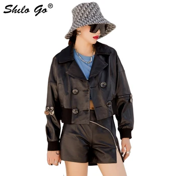 

Genuine Leather Jacket Highstreet Drop Shoulder Notched Neck Batwing Sleeve Double Breasted Sheepskin Coat Women Casual Outwear