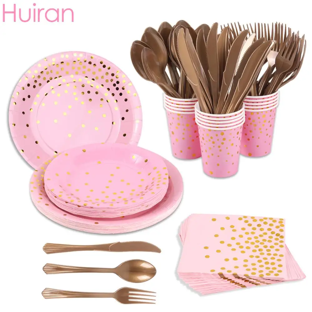 

Hot Stamping Disposable Party Tableware Set Disposable Plates Spoons Cups Paper Towel Birthday Party Supplies Paper Plates Decor