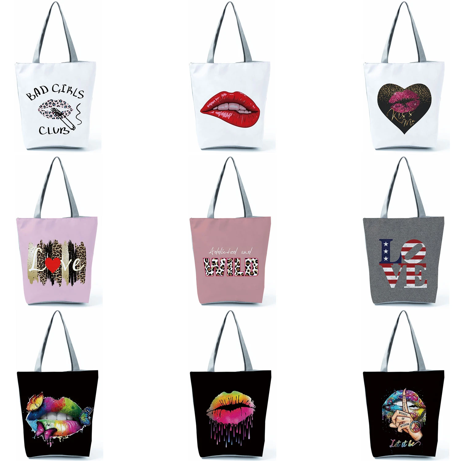Handbags Lady Totes Shopping Bag Reusable Women Tote Bag Shoulder Work Bags Girls Black Kiss Leopard Lips Graphic Bags New Funny