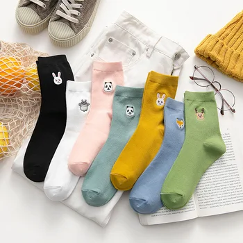 

Female Spring Cotton Cute Cartoon Animal Embroidery Solid Color College Medium Socks